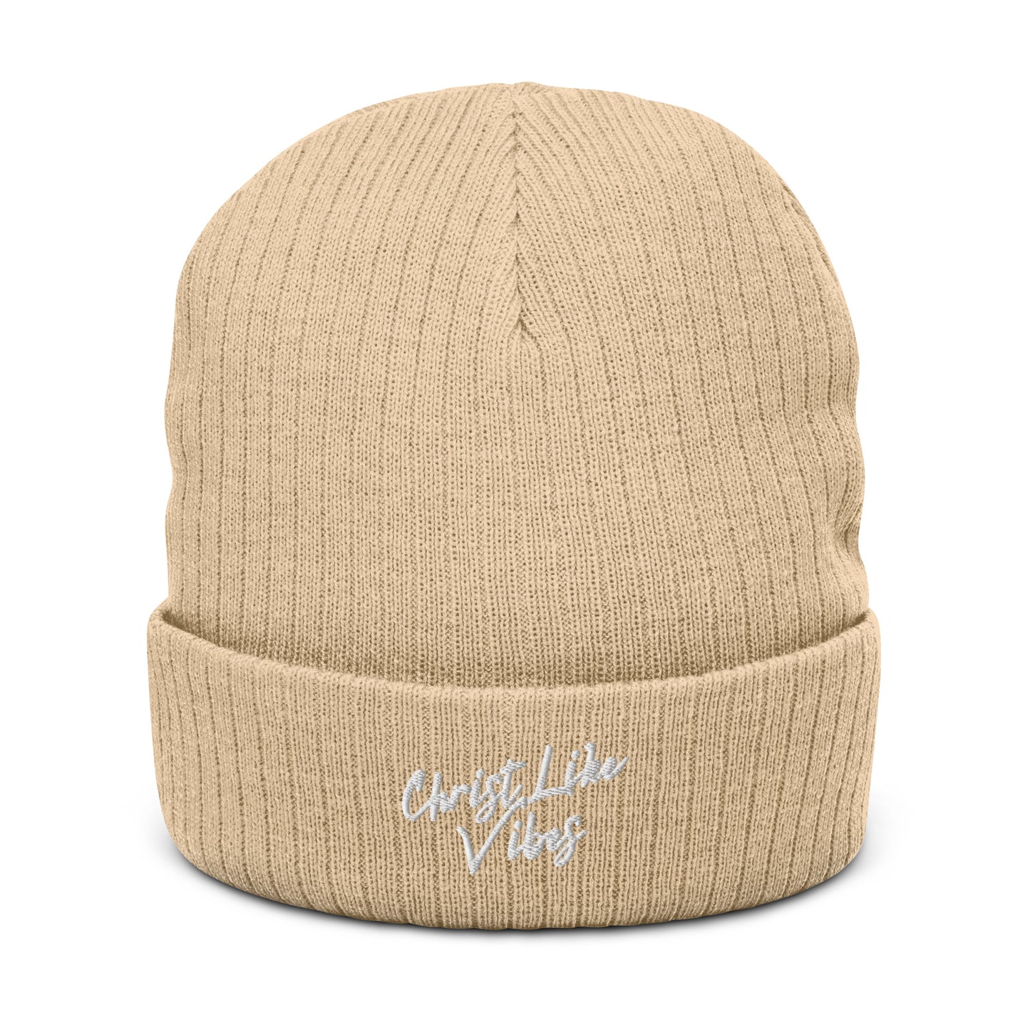 Christ Like Vibes Beige Ribbed Knit Beanie