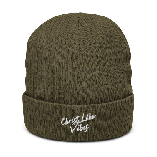 Christ Like Vibes Olive Ribbed Knit Beanie